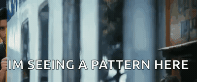 A Man Is Looking Out Of A Train Window With The Words I 'M Seeing A Pattern Here Written Below Him . GIF