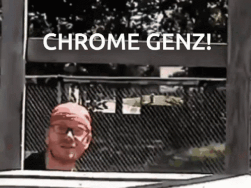 A Man Is Looking Out Of A Window With The Words Chrome Genz Behind Him GIF