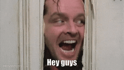 A Man Is Looking Through A Hole In A Wall With His Mouth Open And The Words `` Hey Guys '' Written On His Face . GIF