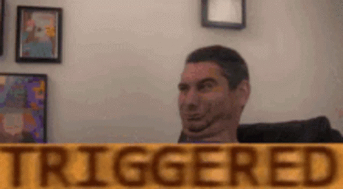 A Man Is Making A Funny Face Behind A Sign That Says Triggered . GIF
