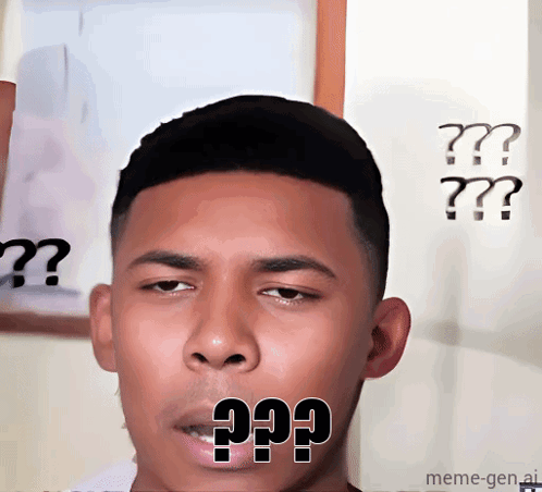 A Man Is Making A Funny Face With A Question Mark Above His Mouth GIF