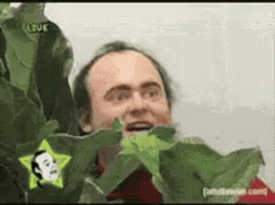 A Man Is Peeking Out From Behind A Plant With A Star On His Shirt GIF