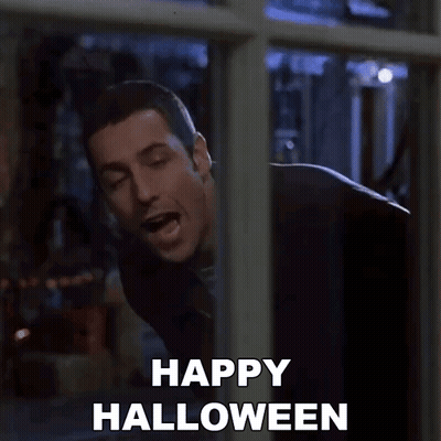 A Man Is Peeking Out Of A Window With The Words `` Happy Halloween '' Written On It . GIF