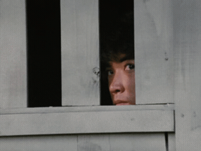 A Man Is Peeking Out Of A Wooden Window GIF