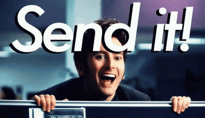 A Man Is Peeking Over A Railing With The Words Send It Behind Him GIF
