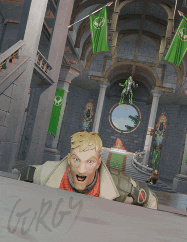A Man Is Peeking Over A Wall With The Word Gorgy Written On The Wall Behind Him GIF