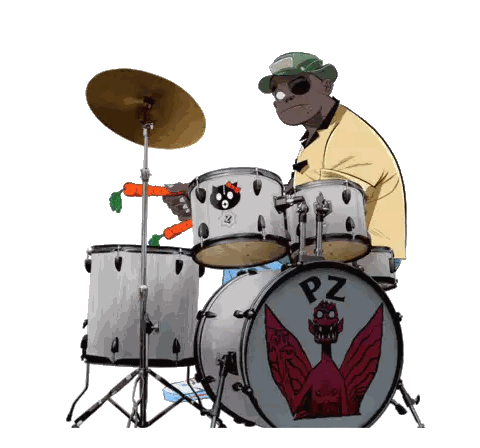 A Man Is Playing A Drum Set With Pz Written On It Sticker