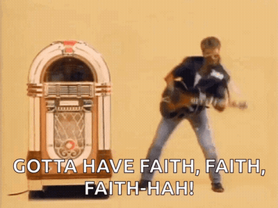 A Man Is Playing A Guitar In Front Of A Jukebox And Says Gotta Have Faith Faith Faith Faith-Hah GIF