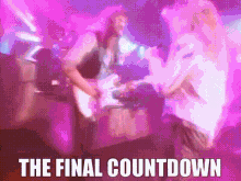 A Man Is Playing A Guitar In Front Of A Purple Background With The Words The Final Countdown Above Him GIF