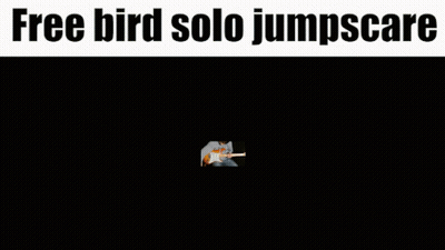 A Man Is Playing A Guitar With The Words Free Bird Solo Jumpscare Below Him GIF