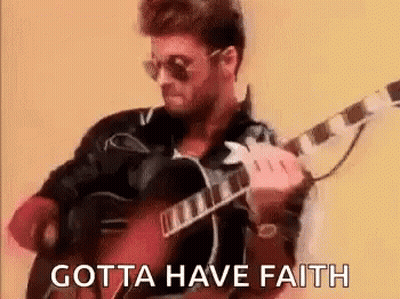 A Man Is Playing A Guitar With The Words `` Gotta Have Faith '' Behind Him . GIF