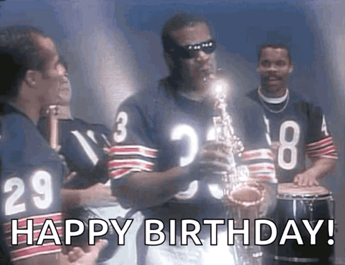 A Man Is Playing A Saxophone In Front Of A Group Of Football Players And Says Happy Birthday . GIF