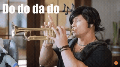 A Man Is Playing A Trumpet And The Words Do Do Da Do Are Above Him GIF