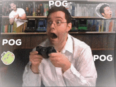 A Man Is Playing A Video Game And The Word Pog Is On The Bottom GIF