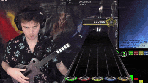 A Man Is Playing A Video Game With A Score Of 13.450 GIF