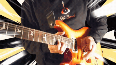A Man Is Playing An Electric Guitar With A Shirt That Says 15Th Bond GIF