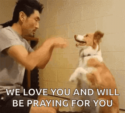 A Man Is Playing With A Dog And Says `` We Love You And Will Be Praying For You '' GIF