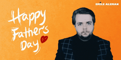 A Man Is Pointing At His Head In Front Of A Sign That Says " Happy Fathers Day " GIF