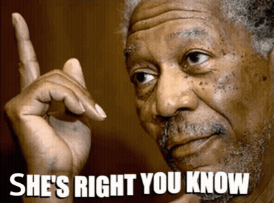 A Man Is Pointing Up With The Words She 'S Right You Know Written Below Him GIF