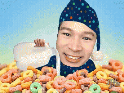 A Man Is Pouring Milk Into A Pile Of Cereal With The Words Tub Jam On The Bottom GIF