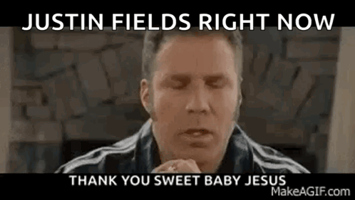 A Man Is Praying With His Eyes Closed And The Words `` Justin Fields Right Now '' Written Above Him . GIF