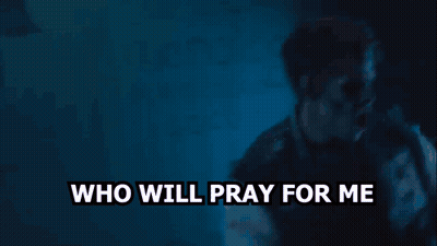 A Man Is Praying With The Words " Who Will Pray For Me " Above Him GIF