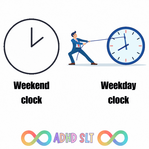 A Man Is Pulling A Clock With The Words Weekend Clock And Weekday Clock GIF