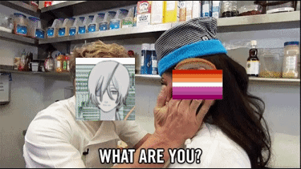 A Man Is Putting A Piece Of Bread On A Woman 'S Face With The Words " What Are You " On The Bottom GIF