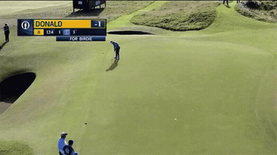 A Man Is Putting On A Golf Course With A Scoreboard That Says 1 2 3 GIF