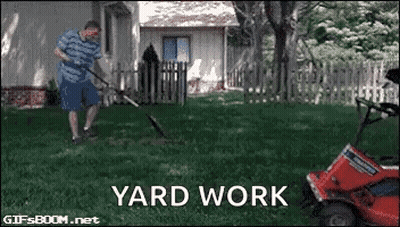 A Man Is Raking The Grass In A Yard With The Words Yard Work Written On The Bottom GIF