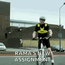 A Man Is Riding A Bike On A Street With The Words Rama 'S New Assignment Written On The Bottom . GIF