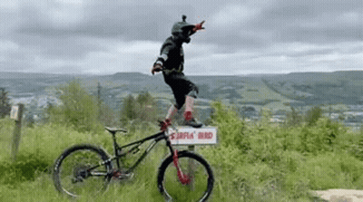 A Man Is Riding A Bike On Top Of A Sign In The Grass . GIF