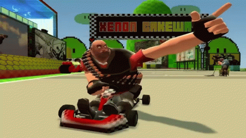 A Man Is Riding A Go Kart In Front Of A Sign That Says Xenon Cakeur GIF