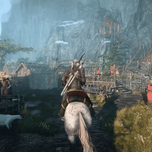 A Man Is Riding A Horse With A Sword On His Back GIF