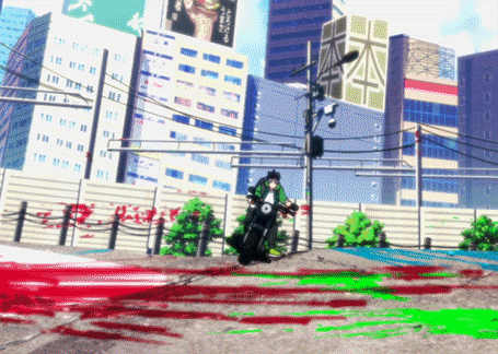 A Man Is Riding A Motorcycle Down A Bloody Street In Front Of Tall Buildings GIF