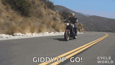 A Man Is Riding A Motorcycle Down A Road With The Words Giddy Up Go Behind Him . GIF