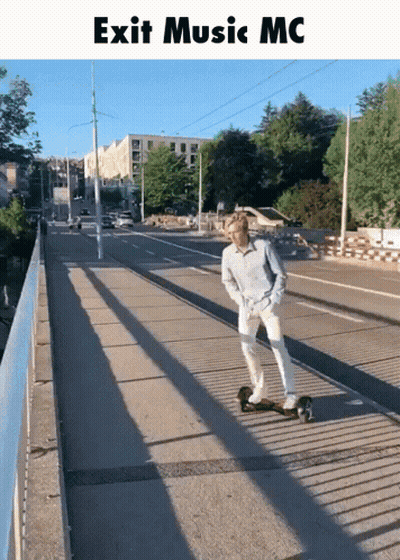 A Man Is Riding A Skateboard Across A Bridge With The Words Exit Music Mc Above Him GIF