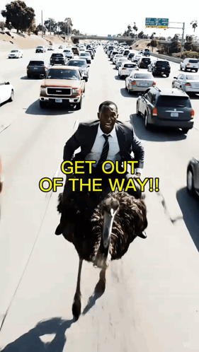 A Man Is Riding An Ostrich On A Highway With The Words Get Out Of The Way Below Him GIF