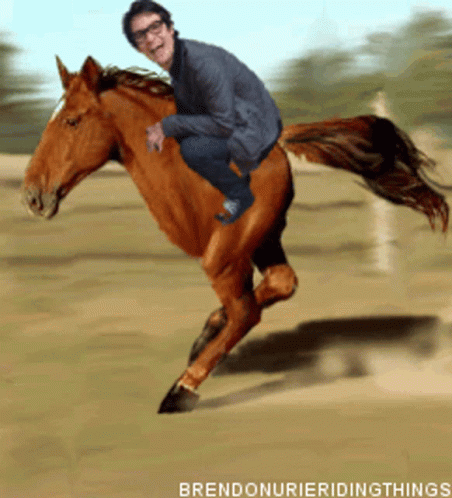 A Man Is Riding On The Back Of A Brown Horse With The Words Brendonurieridingthings Written Below Him GIF