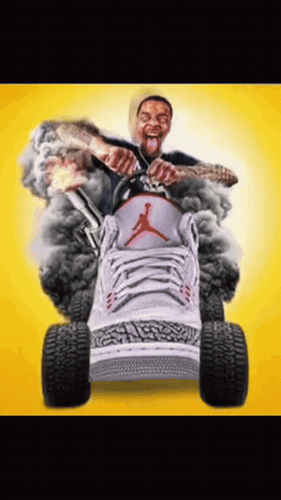 A Man Is Riding On The Back Of A Shoe With A Smoke Coming Out Of It GIF