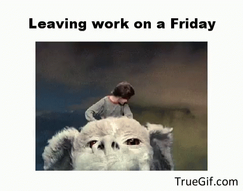 A Man Is Riding On The Back Of A White Dog With The Words Leaving Work On A Friday Written Below Him GIF