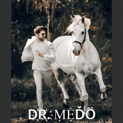 A Man Is Running Behind A White Horse With The Name Dr Medo On The Bottom GIF