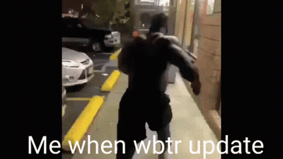A Man Is Running Down A Sidewalk With The Words Me When Wbtr Update On The Bottom . GIF