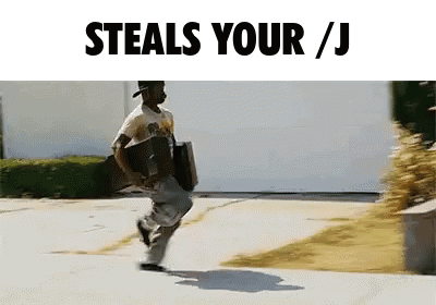 A Man Is Running Down A Sidewalk With The Words " Steals Your / J " Below Him GIF