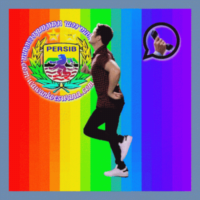 A Man Is Running In Front Of A Rainbow Background With The Logo For Persib GIF