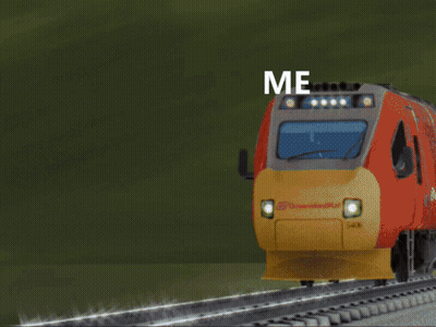 a man is running in front of a train that says me on the bottom