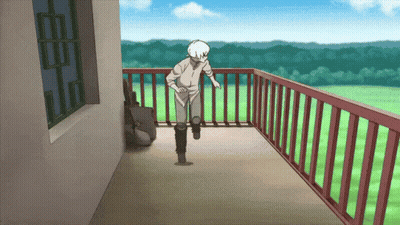 A Man Is Running On A Balcony With A View Of A Field Behind Him GIF