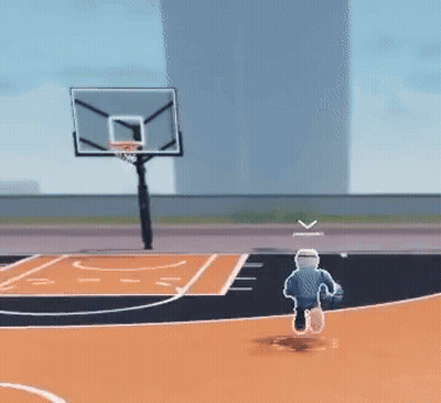 A Man Is Running On A Basketball Court With A Basketball Hoop In The Background . GIF