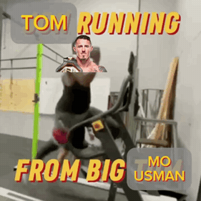 A Man Is Running On A Treadmill With The Words Tom Running From Big Mo Usman Above Him GIF