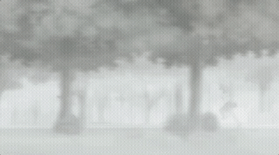 A Man Is Running Through A Foggy Forest In A Black And White Photo . GIF